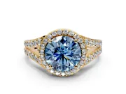 Halo Engagement Ring Setting for Fancy Blue Round Cut Center with Narrow Pave Split Shank and Prong Head in Yellow Gold