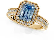 Milgrain Halo Engagement Ring Setting for Fancy Blue Emerald Cut Center with Wide Pave Band and Prong Head in Yellow Gold
