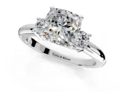 3 Stone Engagement Ring Setting for Cushion Cut Center with Wide Plain Band and Prong Head in White Gold