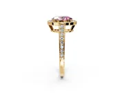 Bezel-Framed Halo Engagement Ring Setting for Fancy Pink Oval Center with Pave Band and Prong Head in Yellow Gold