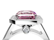 Halo Engagement Ring Setting for Fancy Pink Asscher Cut Center with Outer Bezel Rim, Pave Band and Prong Head in White Gold