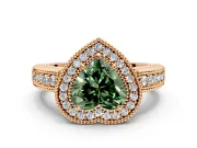 Milgrain Halo Engagement Ring Setting for Fancy Green Heart-Shaped Center with Pave Band and Prong Head in Rose Gold