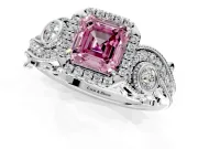 Milgrain Halo Engagement Ring Setting for Fancy Pink Asscher Cut Center with Shoulder Bezels and Prong Head in Platinum