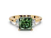 3 Stone Engagement Ring Setting for Fancy Green Princess Cut Center with Wide Plain Band and Prong Head in Yellow Gold