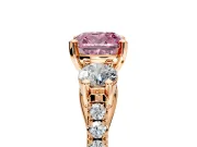 3 Stone Engagement Ring Setting for Fancy Pink Cushion Cut Center with Crossover Basket, Pave Band and Prong Head in Rose Gold