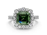 Milgrain Halo Engagement Ring Setting for Fancy Green Asscher Cut Center with Bezel Point Accents and Prong Head in Platinum