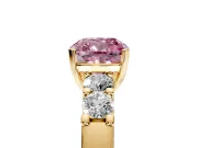 5 Stone Engagement Ring Setting for Fancy Pink Cushion Cut Center with Plain Band and Prong Head in Yellow Gold