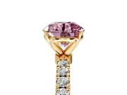 Open Basket Engagement Ring Setting for Fancy Pink Round Cut Center with Pave Band and Prong Head in Yellow Gold