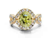Halo Engagement Ring Setting for Fancy Yellow Oval Center with Pave Infinity Twist Band and Prong Head in Yellow Gold