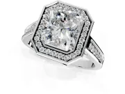 Halo Engagement Ring Setting for Emerald Cut Center with Outer Bezel Rim, Pave Band and Prong Head in Platinum