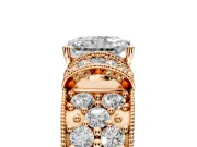 Pave Engagement Ring Setting for Radiant Cut Center with Curved Accent Rows, Openwork and Prong Head in Rose Gold