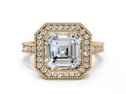 Halo Engagement Ring Setting for Asscher Cut Center with Milgrain Halo, Pave Band and Prong Head in Yellow Gold