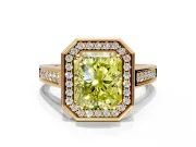 Halo Engagement Ring Setting for Fancy Yellow Emerald Cut Center with Outer Bezel Rim, Pave Band and Prong Head in Yellow Gold