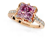 Floral Engagement Ring Setting for Fancy Pink Cushion Cut Center with Pave Band and Floral Prong Head in Rose Gold