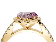 Halo Engagement Ring Setting for Fancy Pink Heart-Shaped Center with Full Pave Band and Prong Head in Yellow Gold