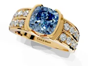 Bezel Engagement Ring Setting for Fancy Blue Cushion Cut Center with Wide Channel-Set Band and Bezel Head in Yellow Gold