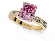 Solitaire Engagement Ring Setting for Fancy Pink Radiant Cut Center with Channel Baguette Band and Prong Head in Yellow Gold