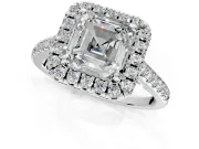 Halo Engagement Ring Setting for Asscher Cut Center with Raised Halo, Pave Band and Prong Head in Platinum