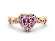 Milgrain Bezel Engagement Ring Setting for Fancy Pink Heart-Shaped Center with Marquise Stations and Bezel Head in Rose Gold