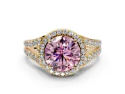 Halo Engagement Ring Setting for Fancy Pink Round Cut Center with Narrow Pave Split Shank and Prong Head in Yellow Gold