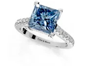 Solitaire Engagement Ring Setting for Fancy Blue Princess Cut Center with Widening Pave Band and Claw Prong Head in Platinum