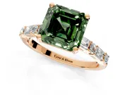 Baguette Engagement Ring Setting for Fancy Green Asscher Cut Center with Alternating Bar-Set Band and Prong Head in Rose Gold