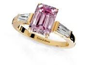 3 Stone Engagement Ring Setting for Fancy Pink Emerald Cut Center with Baguette Accents and Prong Head in Yellow Gold