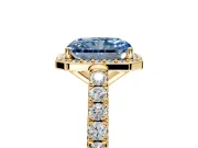 Halo Engagement Ring Setting for Fancy Blue Radiant Cut Center with Full Pave Band and Prong Head in Yellow Gold