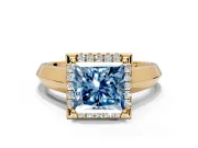 Halo Engagement Ring Setting for Fancy Blue Princess Cut Center with Knife Ridge Cathedral Band and Prong Head in Yellow Gold