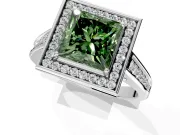Halo Engagement Ring Setting for Fancy Green Princess Cut Center with Outer Bezel Rim, Pave Band and Prong Head in Platinum