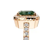 Halo Engagement Ring Setting for Fancy Green Emerald Cut Center with Inner Milgrain Border and Prong Head in Rose Gold