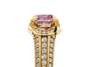 Solitaire Engagement Ring Setting for Fancy Pink Cushion Cut Center with Accented Split Shank and Prong Head in Yellow Gold