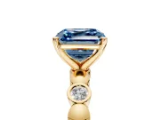 Solitaire Engagement Ring Setting for Fancy Blue Asscher Cut Center with Beaded Bezel Station Band and Prong Head in Yellow Gold
