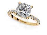 Solitaire Engagement Ring Setting for Cushion Cut Center with Fine Pave Narrow Band and Prong Head in Yellow Gold