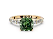 Baguette Engagement Ring Setting for Fancy Green Cushion Cut Center with Alternating Bar-Set Band and Prong Head in Yellow Gold