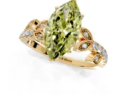 Leaf Motif Engagement Ring Setting for Fancy Yellow Marquise Center with Pave Band and Prong Head in Yellow Gold