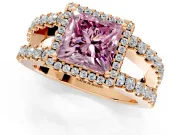 Halo Engagement Ring Setting for Fancy Pink Princess Cut Center with Wide-Open Pave Split Shank and Prong Head in Rose Gold