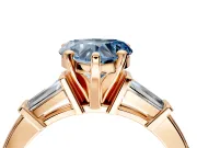 3 Stone Engagement Ring Setting for Fancy Blue Heart-Shaped Center with Channel Baguette Accents and Prong Head in Rose Gold