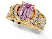 Pave Engagement Ring Setting for Fancy Pink Emerald Cut Center with Curved Accent Rows, Openwork and Prong Head in Yellow Gold