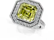 Halo Engagement Ring Setting for Fancy Yellow Asscher Cut Center with Milgrain Frame, Pave Band and Prong Head in Platinum