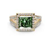 Halo Engagement Ring Setting for Fancy Green Princess Cut Center with Narrow Pave Split Shank and Prong Head in Yellow Gold