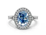 Halo Engagement Ring Setting for Fancy Blue Oval Center with Milgrain Rim, Pave Band and Prong Head in Platinum