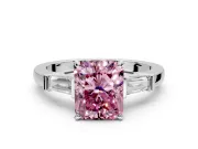 3 Stone Engagement Ring Setting for Fancy Pink Radiant Cut Center with Channel Baguette Accents and Prong Head in Sterling Silver