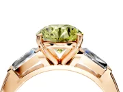 3 Stone Engagement Ring Setting for Fancy Yellow Round Cut Center with Tapered Baguettes, Plain Band and Prong Head in Rose Gold