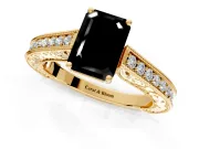 Solitaire Engagement Ring Setting for Fancy Black Emerald Cut Center with Engraved Pave Band and Prong Head in Yellow Gold