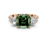 3 Stone Engagement Ring Setting for Fancy Green Asscher Cut Center with Crossover Basket, Pave Band and Prong Head in Rose Gold
