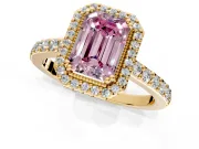 Halo Engagement Ring Setting for Fancy Pink Emerald Cut Center with Inner Milgrain Border and Prong Head in Yellow Gold