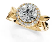 Halo Engagement Ring Setting for Round Cut Center with Floral Band and Prong Head in Yellow Gold