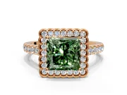 Milgrain Floral Halo Engagement Ring Setting for Fancy Green Princess Cut Center with Pave Band and Prong Head in Rose Gold
