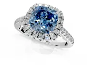 Halo Engagement Ring Setting for Fancy Blue Cushion Cut Center with Raised Halo, Pave Band and Prong Head in White Gold